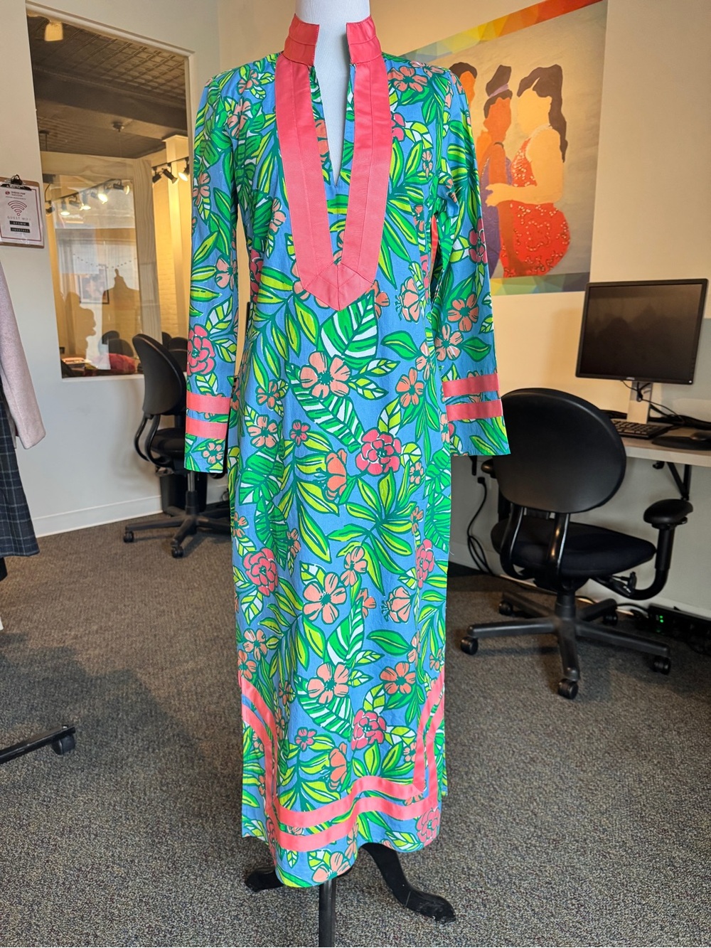 Sail to Sable Blue Tropical Floral Maxi Cover-Up with Pink Trim